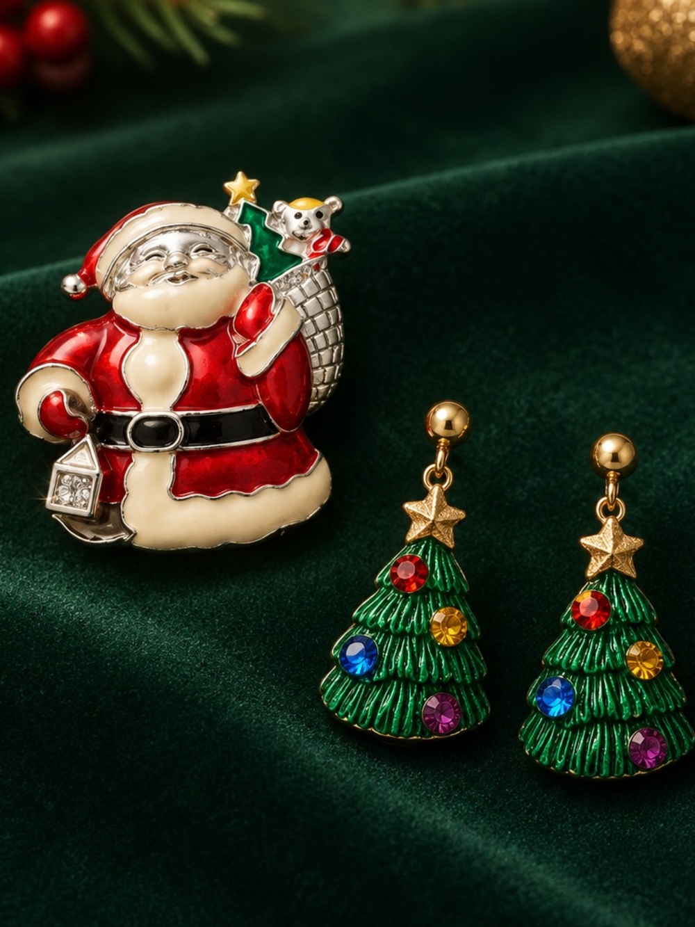 Festive Santa Brooch and Christmas Tree Earrings Set - Red, Green, Gold